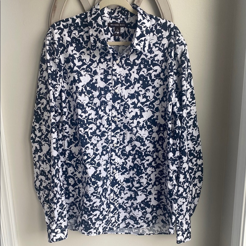 Michael Kors Black & White Abstract Leaves Slim  fit button Down Shirt size XL